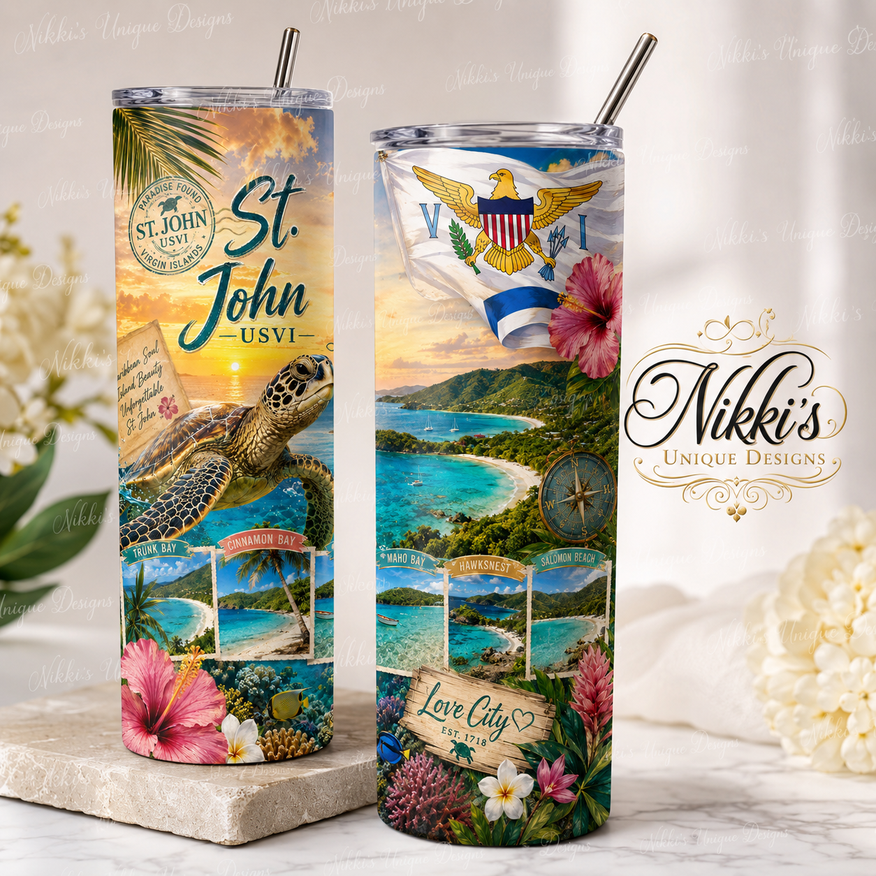 St. John USVI 20 oz Skinny Tumbler | Virgin Islands Tropical Beach & Sea Turtle Tumbler | Caribbean Souvenir Gift
