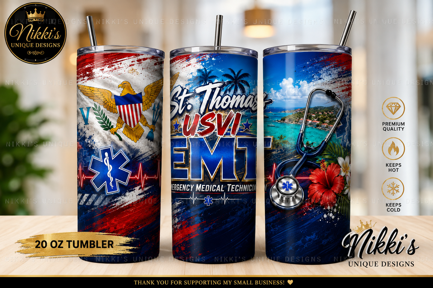 St. Thomas USVI EMT 20 oz Skinny Tumbler | Emergency Medical Technician First Responder Tumbler
