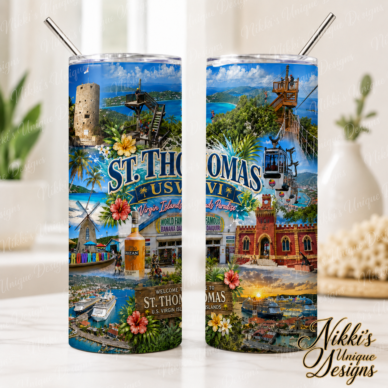 St. Thomas USVI 20 oz Skinny Tumbler | Virgin Islands Paradise & Landmark Tumbler | Caribbean Souvenir Gift