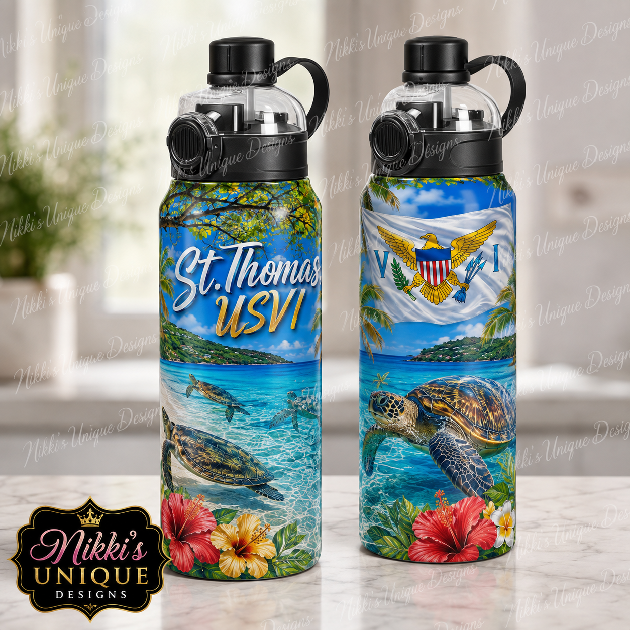 St. Thomas USVI 32 oz Water Bottle Tumbler | Sea Turtle & Tropical Beach Design | Virgin Islands Souvenir Gift